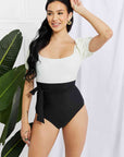 Marina West Swim Salty Air Puff Sleeve One-Piece in White/Black