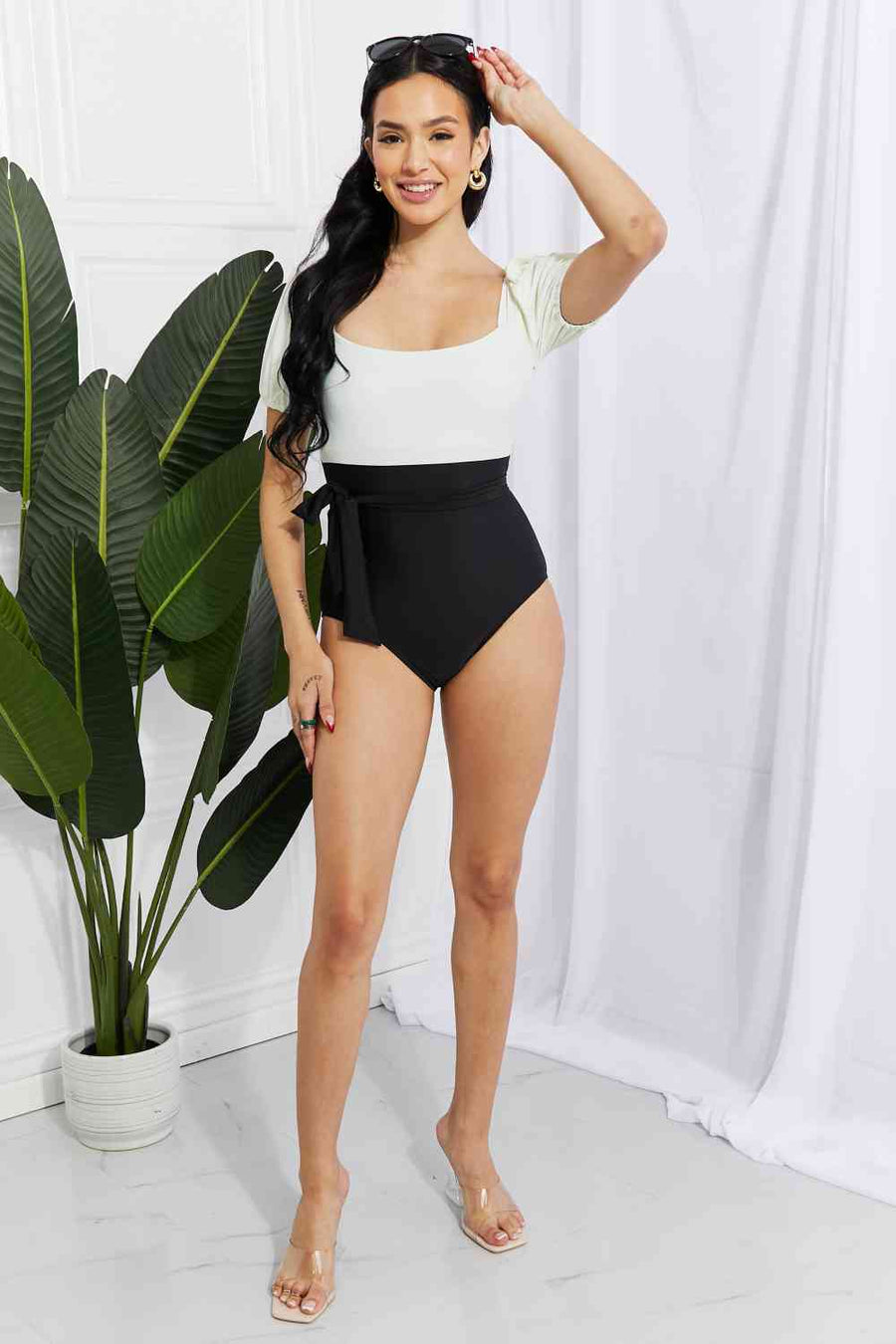 Marina West Swim Salty Air Puff Sleeve One-Piece in White/Black
