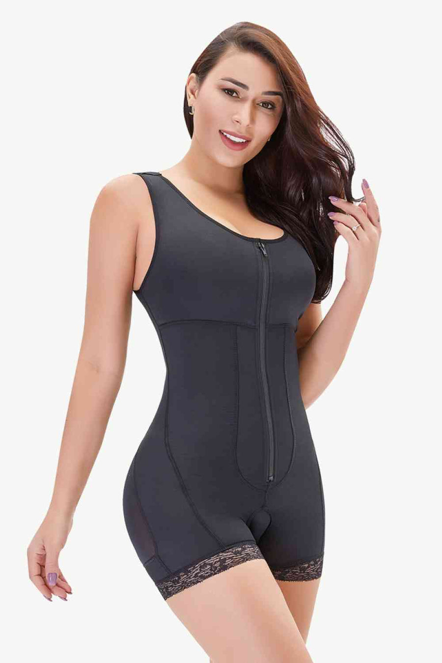Zip-Up, Scoop Neck, Lace Trim, Shapewear