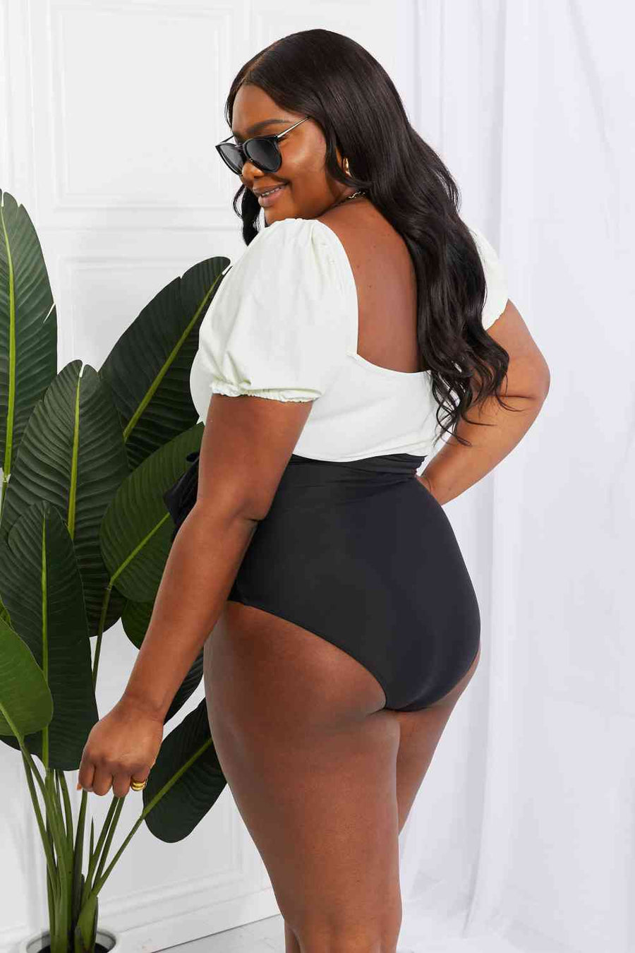 Marina West Swim Salty Air Puff Sleeve One-Piece in White/Black