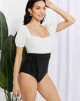 Marina West Swim Salty Air Puff Sleeve One-Piece in White/Black