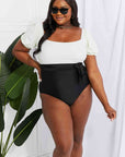 Marina West Swim Salty Air Puff Sleeve One-Piece in White/Black