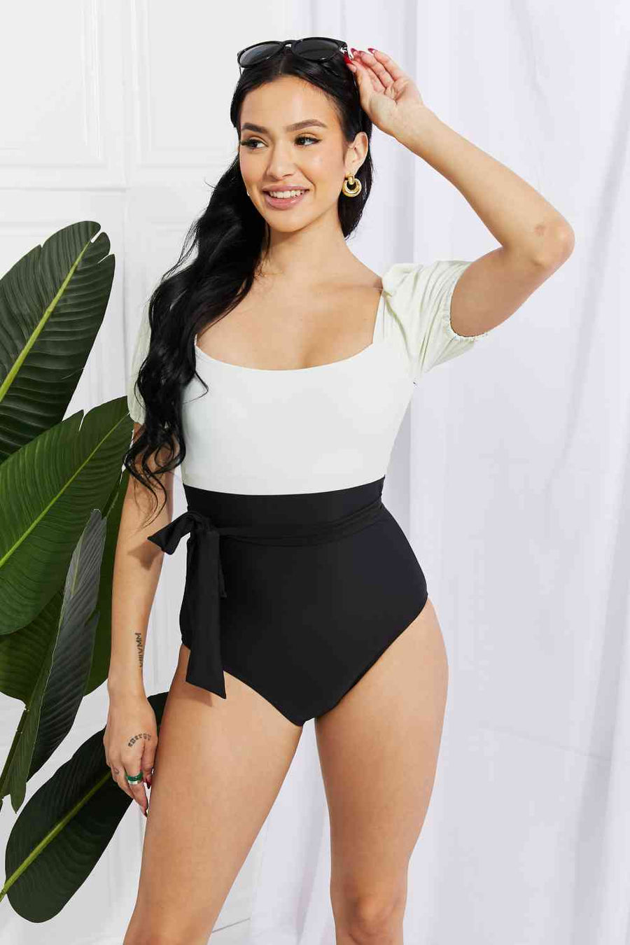 Marina West Swim Salty Air Puff Sleeve One-Piece in White/Black