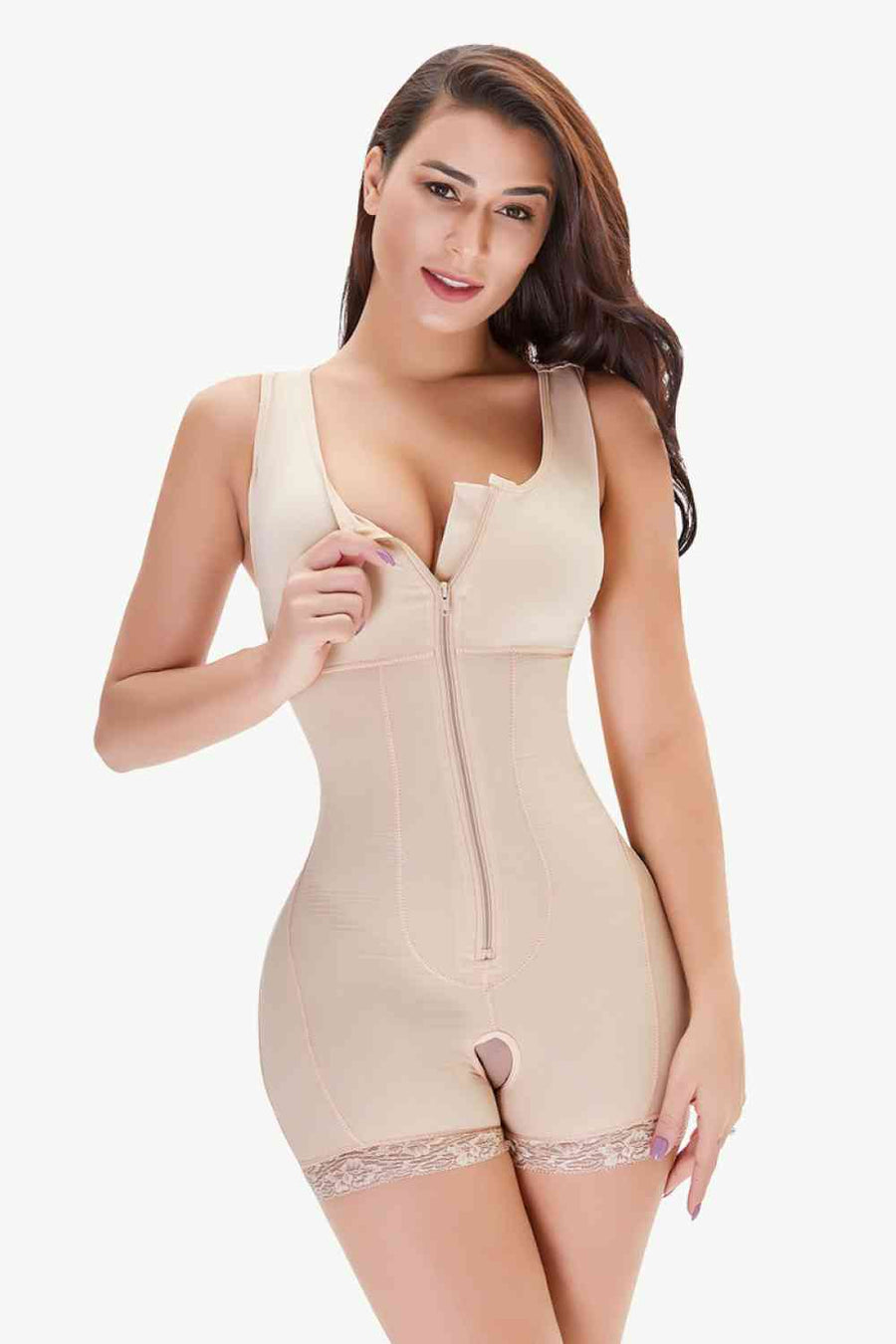 Zip-Up, Scoop Neck, Lace Trim, Shapewear